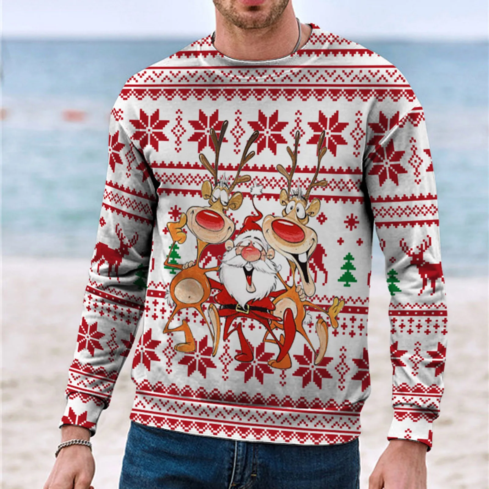 Men Christmas Sweater Pullover Snowflakes Santa Claus Ugly Christmas Sweaters Jumpers Tops Holiday Party Xmas Sweatshirt