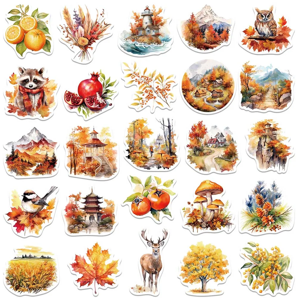 50pcs Waterproof Graffiti Cute Cartoon Autumn Animals Foods Stickers For Laptop Water Bottle Luggage Notebook Vinyl Decals