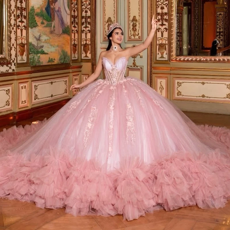 

Pink Shiny Quinceanera Dresses Ball Gown Off The Shoulder Applique Lace Beading Crystal Tiered Tull Party Birthday Sweet 16 Dres