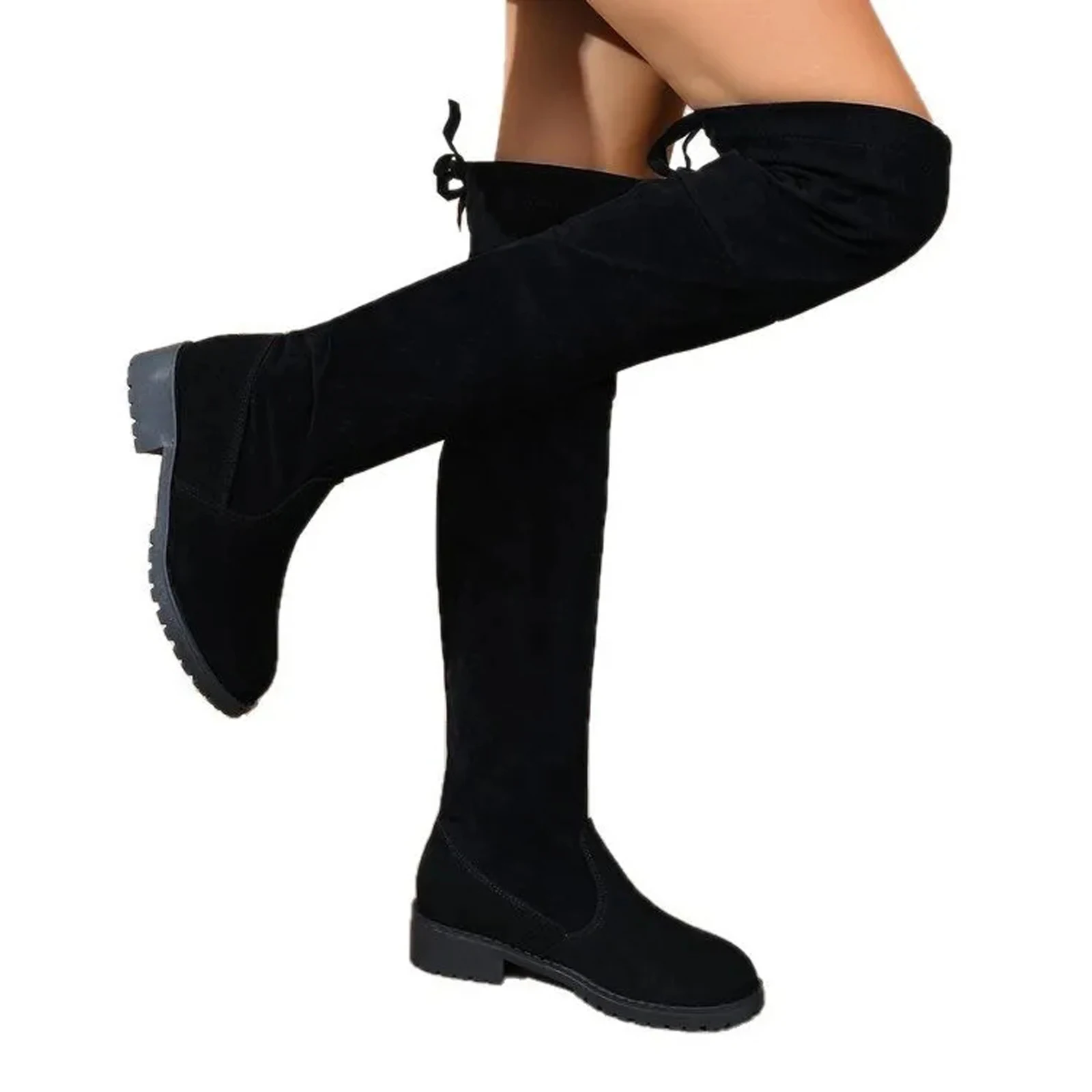 Faux Suede Female Heels Autumn Winter Elastic Knee-high Boots for Women Tube Lace-up Thigh Boots Black Botas