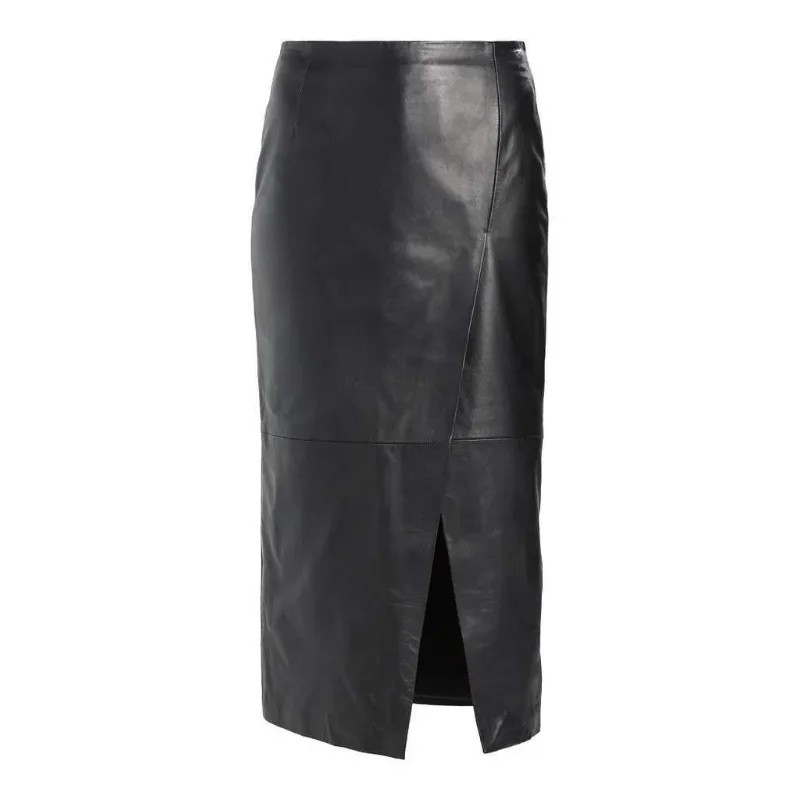 Women's Genuine Real Lambskin Leather Skirt Long Stylish Soft Zipper Black Skirt