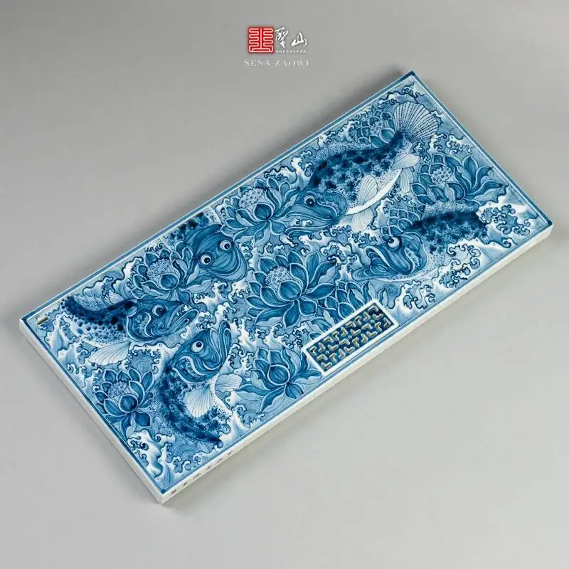 Xunzhen Tang Chen Tong/Antique-Style Blue White Hand-Painted Five Blessings Prosperity Ceramic Tea Tray For Both Dry And Wet Use