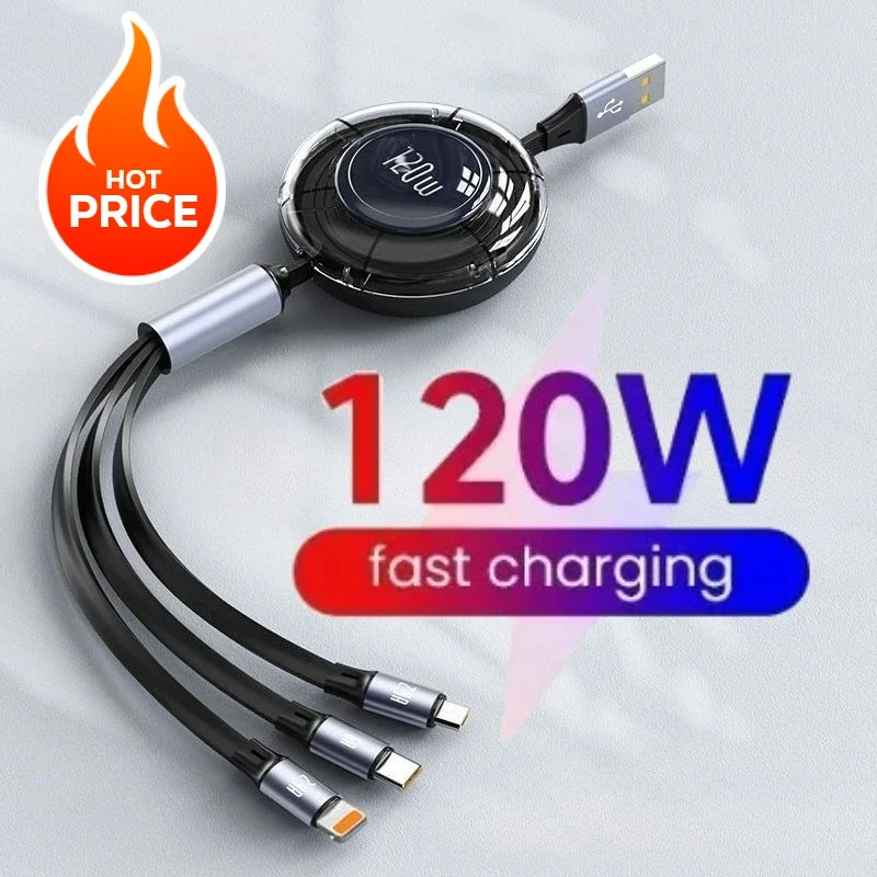 120W 3 in 1 USB Data Charging Cable Micro  Type C 6A For iPhone Samsung Xiaomi Mobile Phone Fast Charger Wire Data Transmission