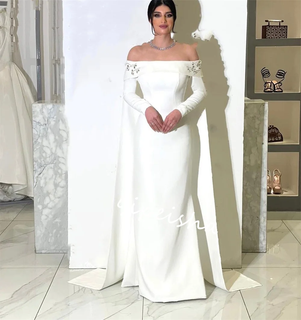 Customized  Evening Satin Beading Engagement A-line Off-the-shoulder Bespoke Occasion Gown Long Dresses  Arabia  