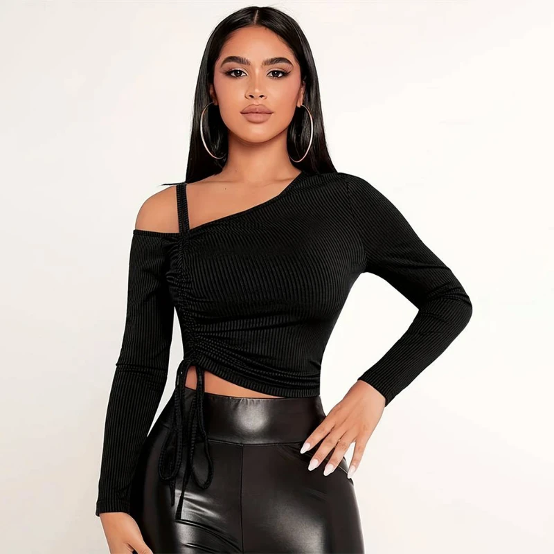 Hot Selling Women Trendy T-shirt Slant Neck Suspender Straps Off-shoulder Slim Solid Color Top