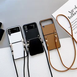 For Samsung Galaxy Z Flip 7 FE 6 5 4 3 5G Luxury Fashion Leather Crossbody Long Lanyard Strap Business Shockproof Case Cover