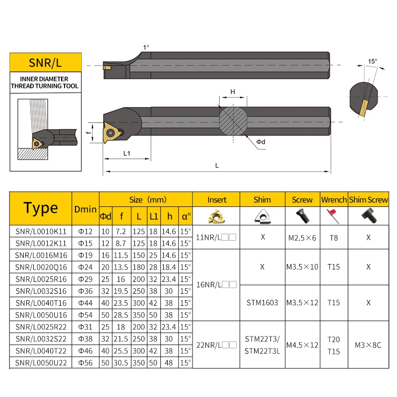 Ferramenta de torneamento de rosca interna, Inserção de carboneto, CNC SNR Lathe Cutter Bar, SNR L0010K11 SNR L0016Q16 SNR0020R22 SNR0025S22, 16IR