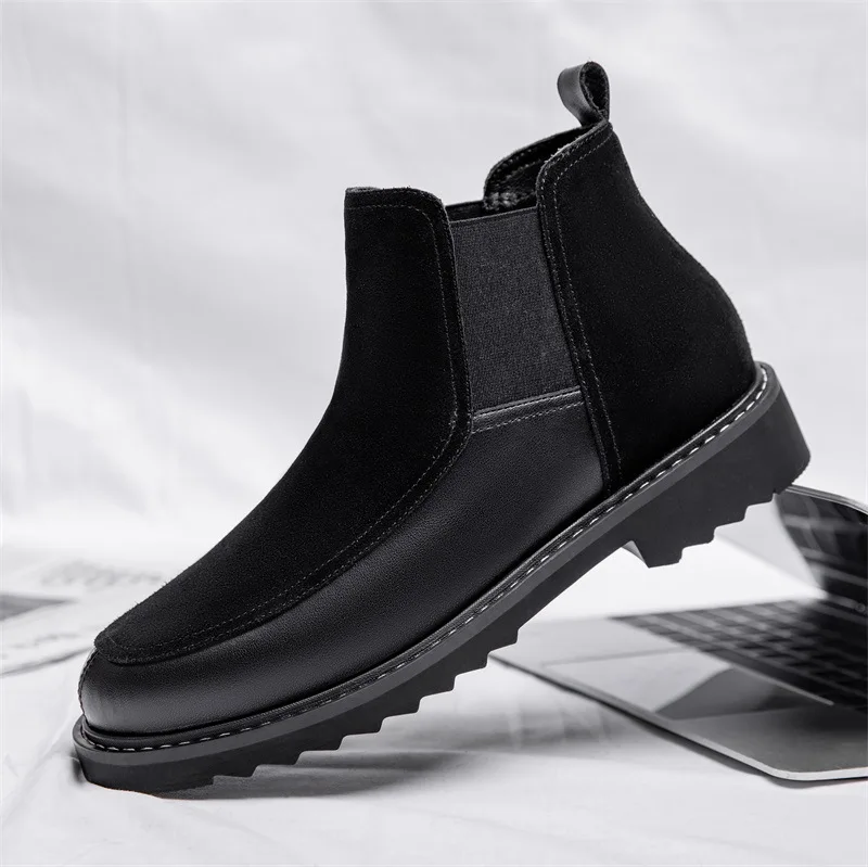 Men's winter genuine leather English style Chelsea men's boots with plush high top leather boots