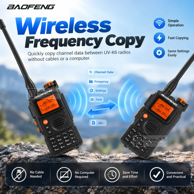 BAOFENG UV-K6 Walkie Talkie AM FM VHF UHF USB-C Charging 999Channel NOAA Power-On Password Stopwatch K6 Ham Radio Copy Frequency