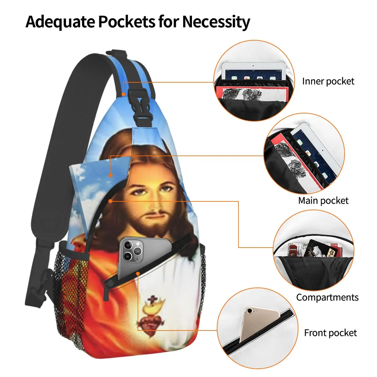 القلب المقدس ليسوع المسيحية الكاثوليكية الله حقيبة صدر للرجال الرجال الرافعة Crossbody على ظهره حقيبة الصدر حقيبة السفر Daypack حقيبة كتف #6