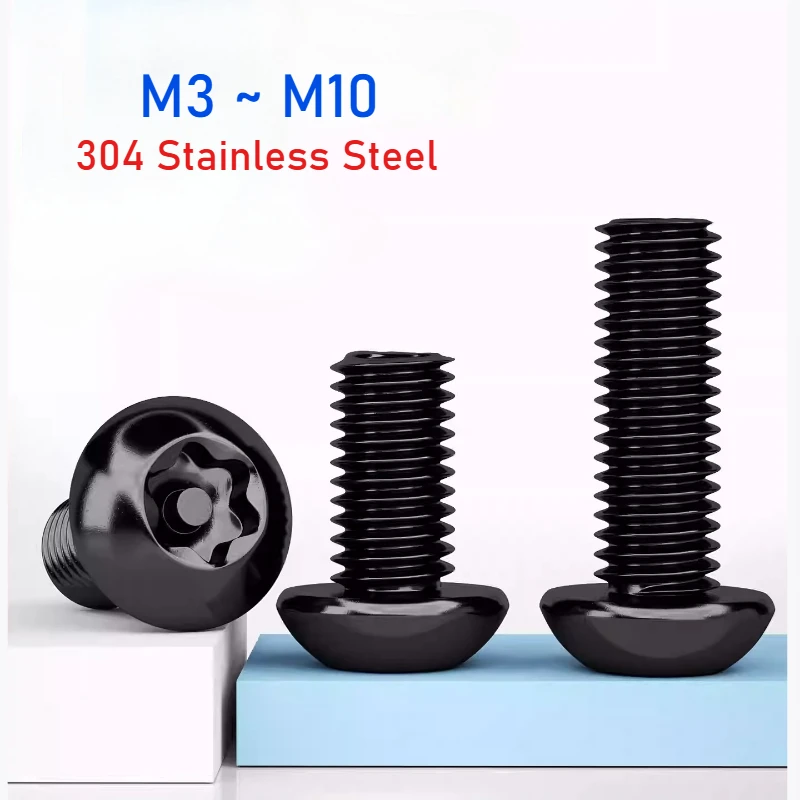 M3~M10 Black 304 Stainless Steel Round Six Lobe Torx Button Security Bolt With Pin Anti-theft Tamper Proof Screw