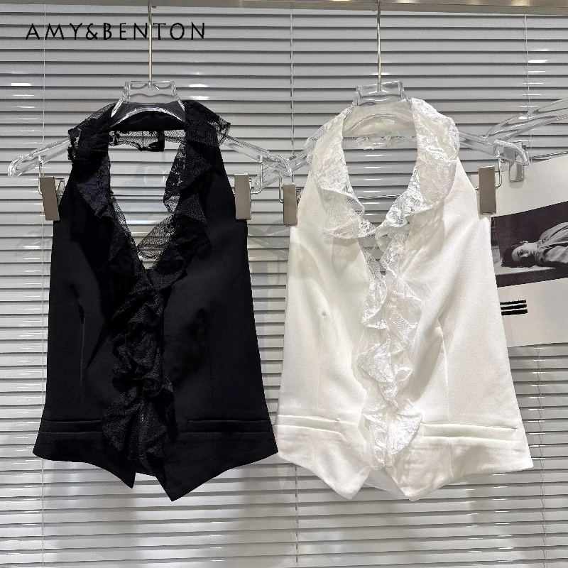 Delicate Lace Splicing Ruffle Leaf Edge Backless Halter Women's Vest Tops 2026 Summer New Solid Color Sleeveless Vests Ladies