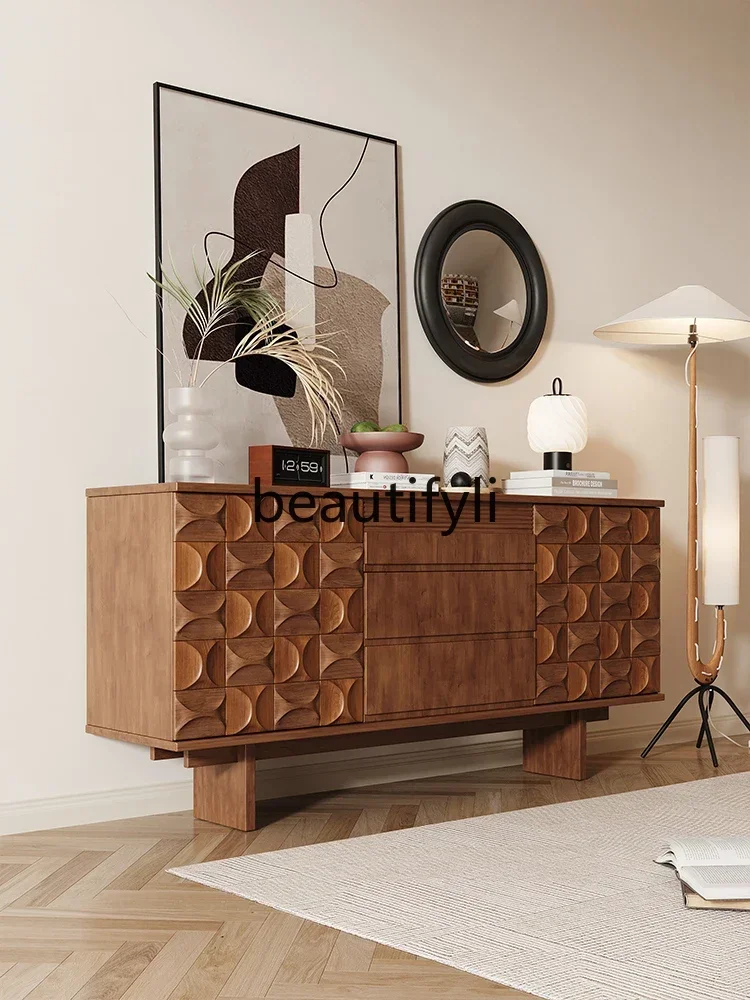 

1184 Medieval style solid wood dining side cabinet, living room log against the wall integrated locker light luxury style