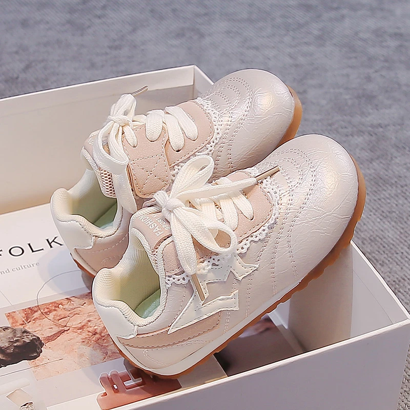 Little Girls Sweet Ballet Style Sneakers, Lace Trim Star Decor Kids Retro Training Shoes, Soft Non‑slip Rubber Sole Toddler