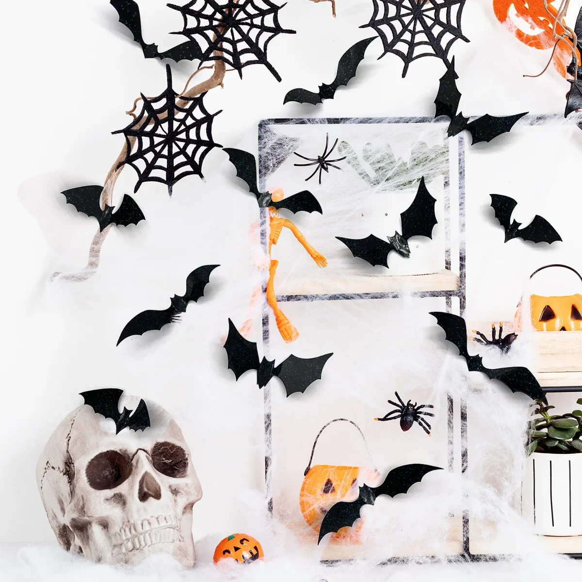 12pcs Halloween 3D Double-Layer Stickers Butterfly Bat Skull Rose Wall Stickers Halloween Ghost Festival Party Decor For Home