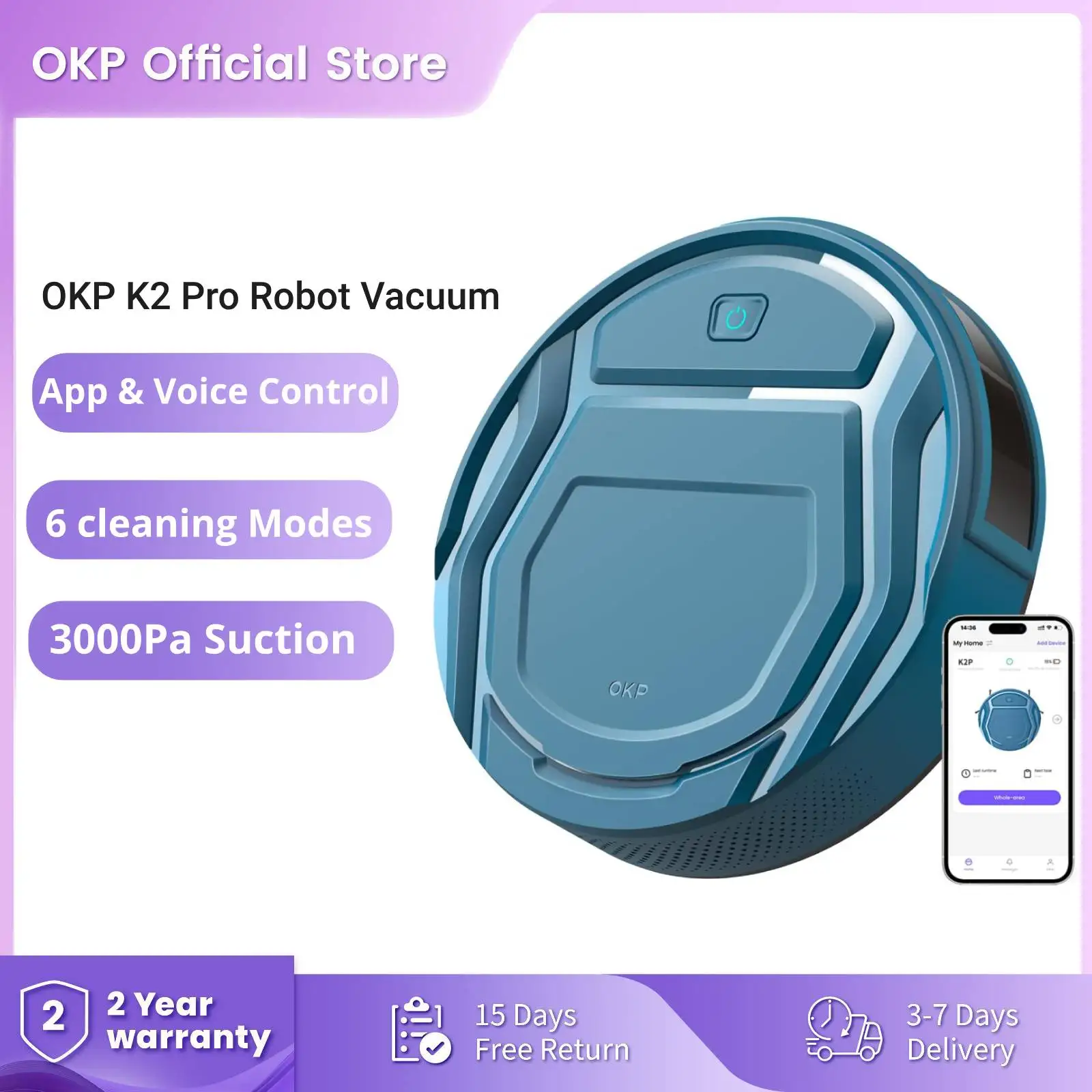 OKP K2 Pro Robot Vacuum Cleaner 2200Pa Suction Smart APP Control Intelligent Planned for Home Floor Carpet and Pet Hair Cleaning