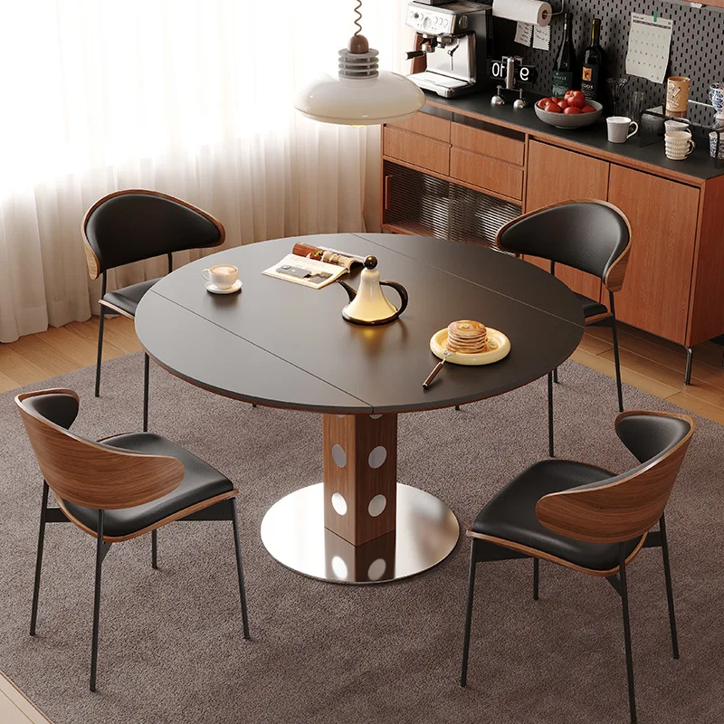 Medieval style Bauhaus style black slate dining table telescopic round  dining for home small apartment dining