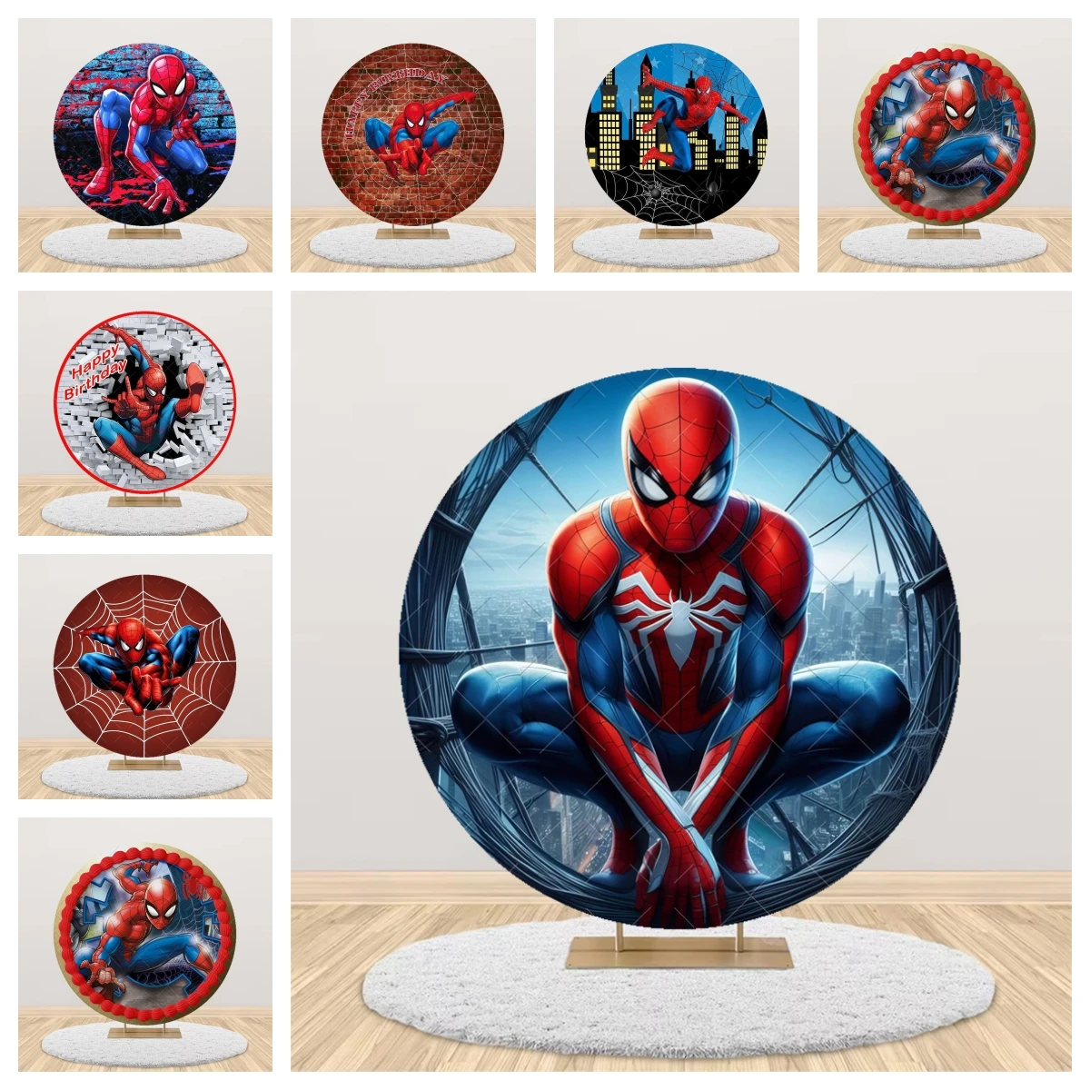 

Red Superhero Spider Man Iron Man Circular Background Set Children's Birthday Party Circular Banner Decoration Photography