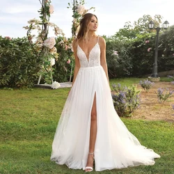 Abiti da sposa con scollo a V con spalline sottili per donna abiti da sposa con spacco laterale avorio con pizzo morbido Tulle senza maniche Vestido De Novia