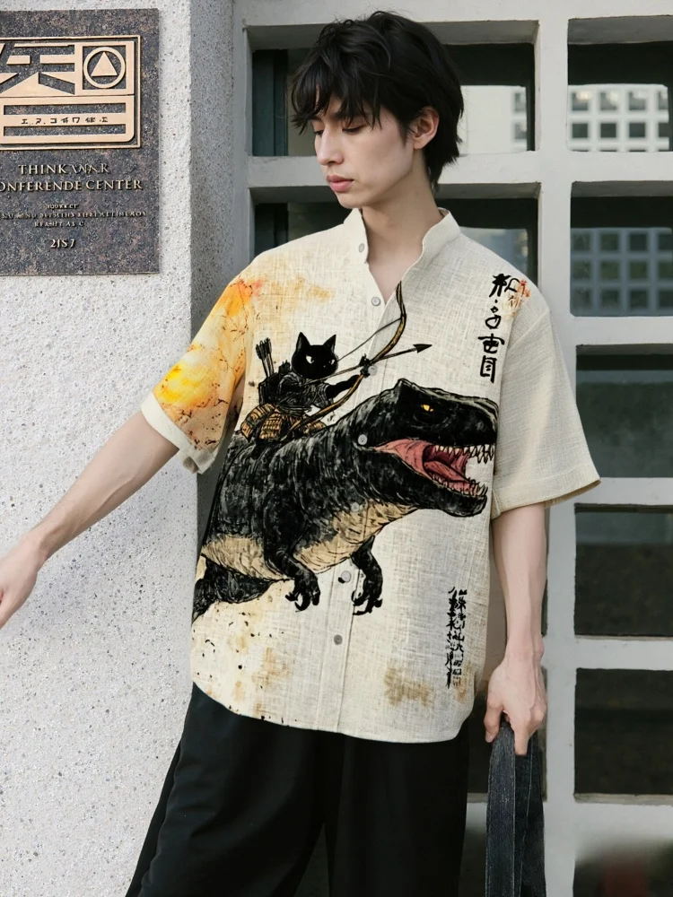 Men's 60s Black Cat Shirt Vintage Calligraphy Art Print Button Guayabera Tops Casual Japanese Retro Summer Man Clothes