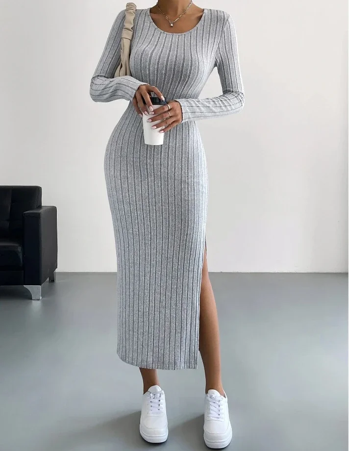 Casual Elegant Women Dresses 2023 Autumn Winter New Long Sleeve Round Neck Split Knit Fashion Slim Long Dress Female Clothing