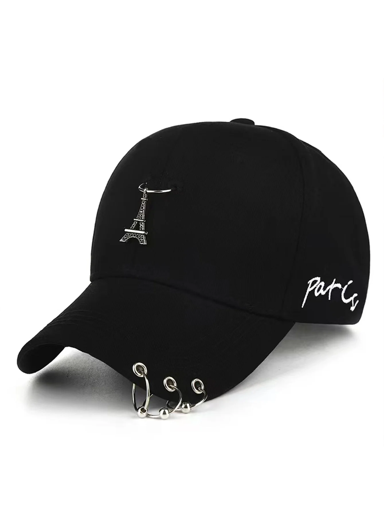 Casual Baseball Cap with Iron Rings Iron tower Hip Hop Adjustable Sports Sun Hat, Solid Color Unisex Baseball Hat Outdoor Trave