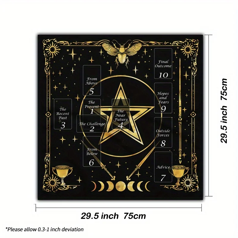 Enchanting Five‑Star & Mystic Crystal Tarot Tablecloth, Vintage Astrology Oracle Mat with Moon‑Phases, Flowers & Zodiac Symbols