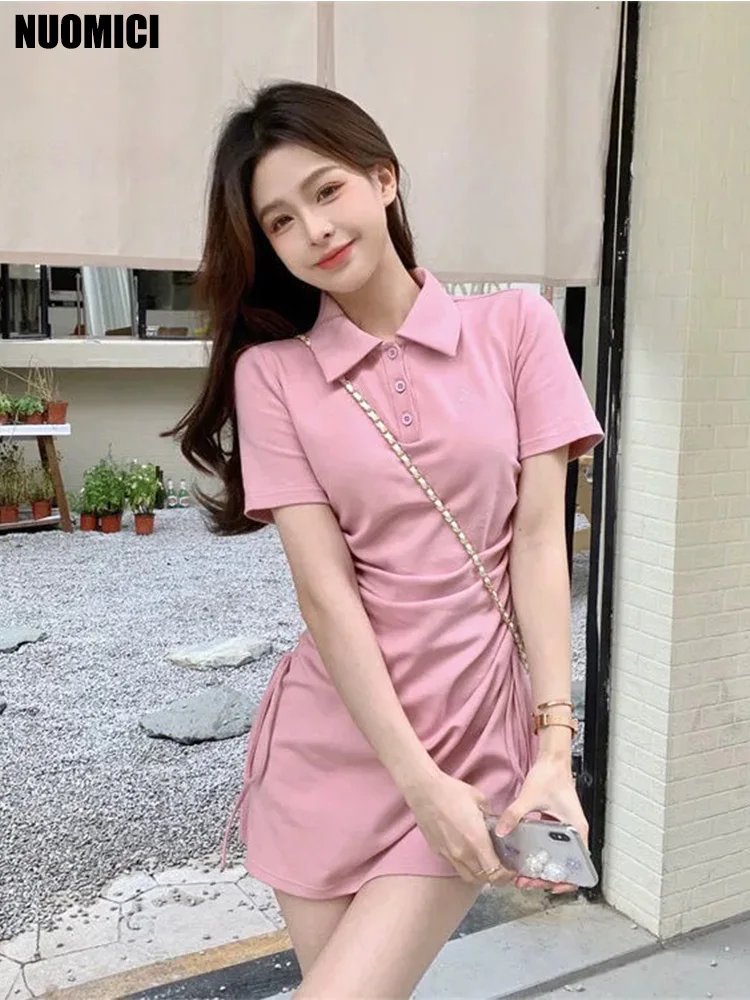 Nuomici coreano popular feminino verão mini vestido rosa polo pescoço doce cordão cinta fino ajuste vestido de manga curta vestuário de golfe