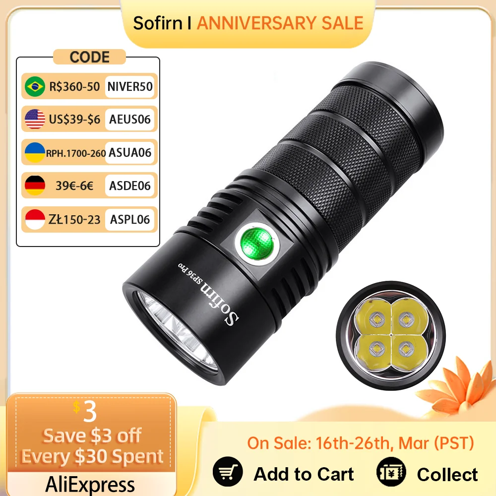 Sofirn SP36 Pro 8000lm Powerful LED Flashlight  4*SST40 USB C Rechargeable 18650 Torch