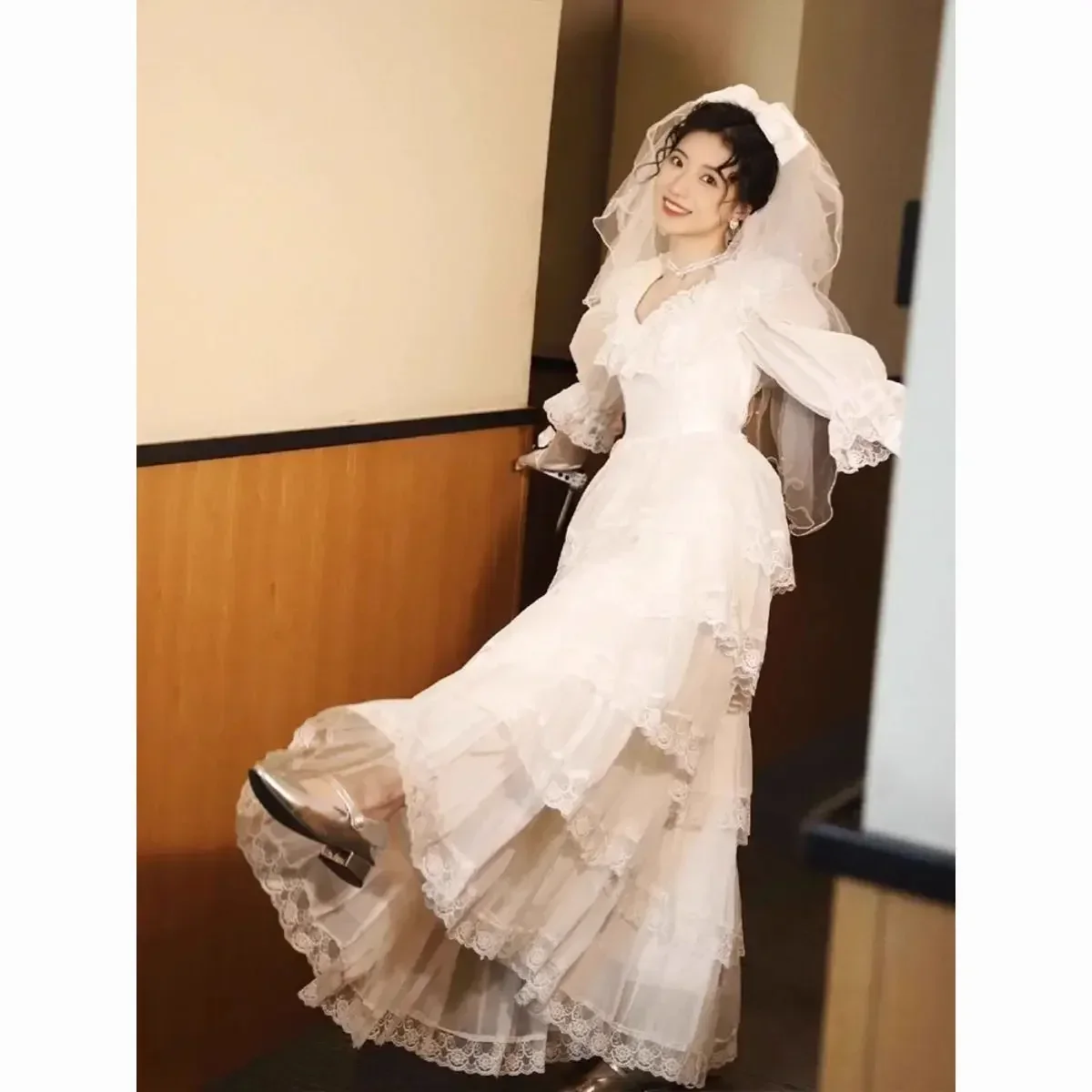 MAGOGO French Vintage Midi Dress Women Lace Elegant Princess Party Fairy Dresses Spring Casual Korean Wedding Victorian Dress