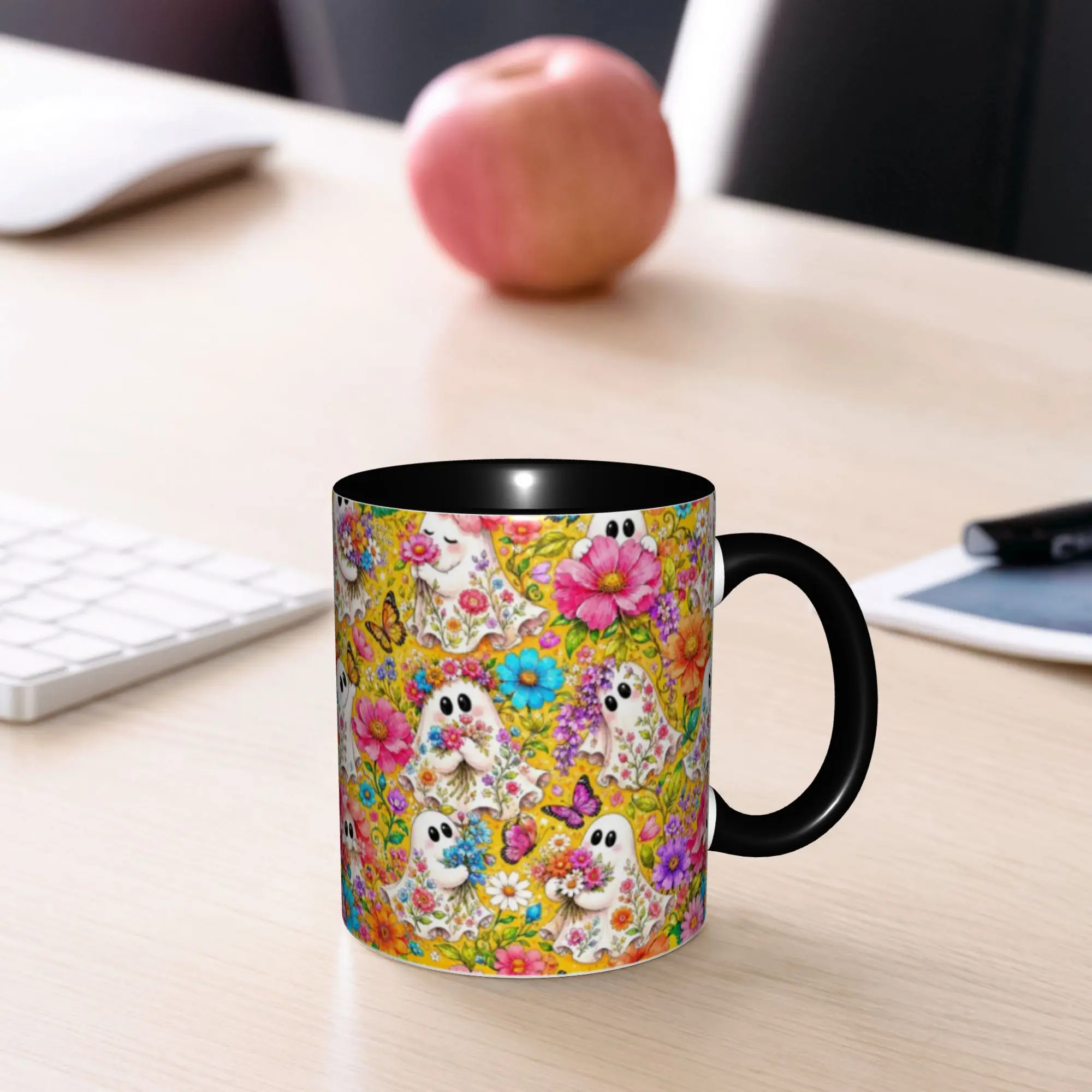 1pc Cute Ghosts & Floral Coffee Mug with Rim Suitable for Halloween, Christmas, Valentine' Gift - Porcelain Cup, for Tea/Coffee, Suitable for Birthdays, Thanksgiving, for or for Sharing