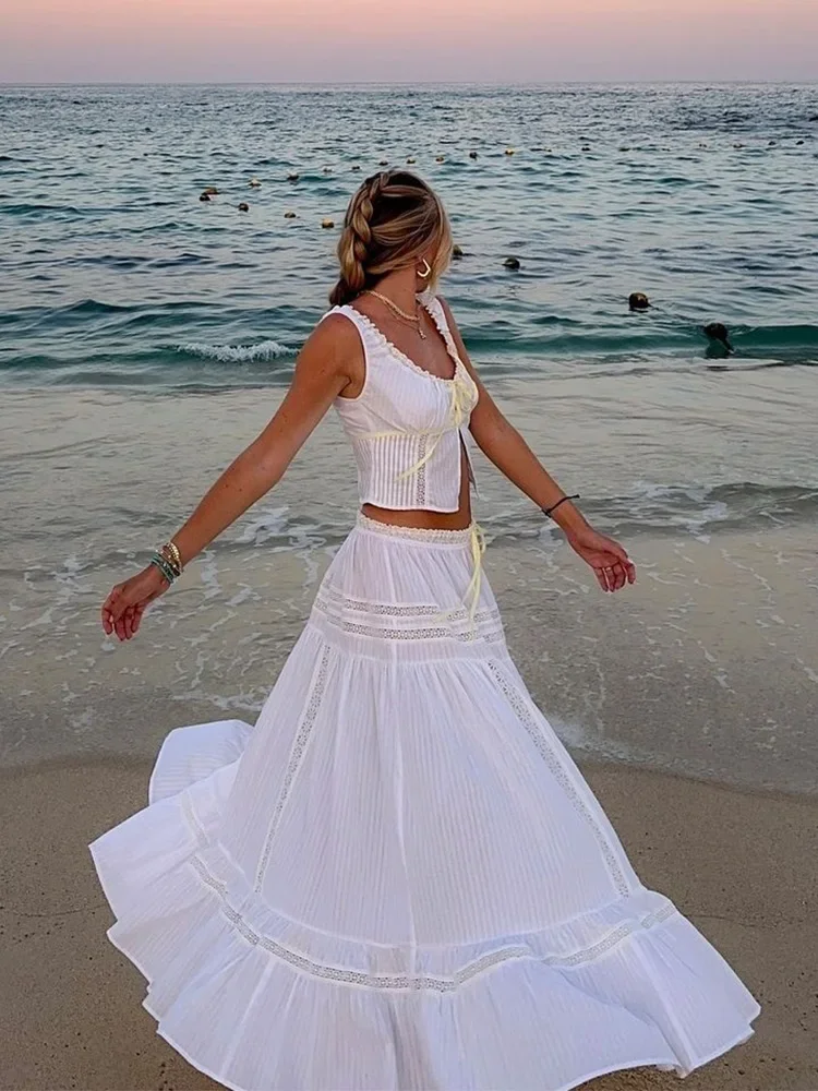 White Lace Skirt Set Women\'s Dress Outfits Summer Beach Cotton Matching Sets 2 Pcs Long Maxi Dress Set Vestidos Female 2025