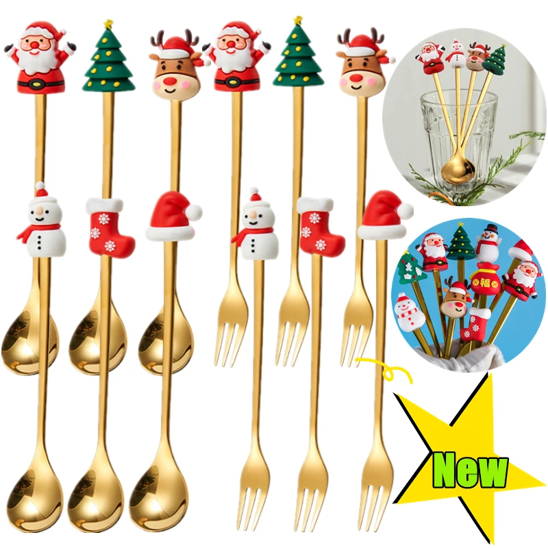 Christmas Spoon Forks Stainless Steel Coffee Spoon Christmas Tree Elk Tiny Stirring Spoons Party Tableware Ornaments Gifts Kids