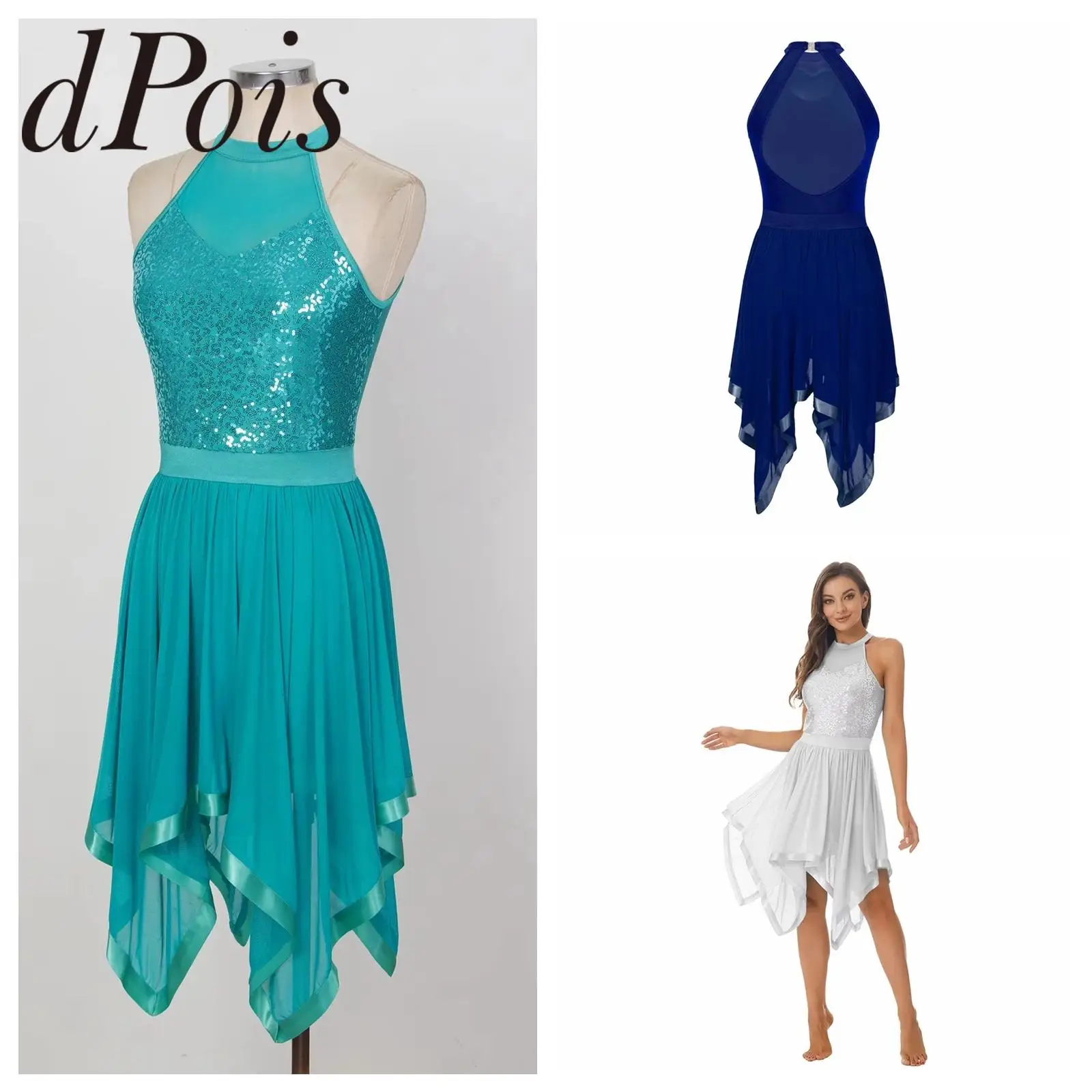 Womens Lyrical Dance Costume Shiny Sequins Halter Ice Figure Skating Dress Elegant Stage Show Party Ballroom Ballet Clothing