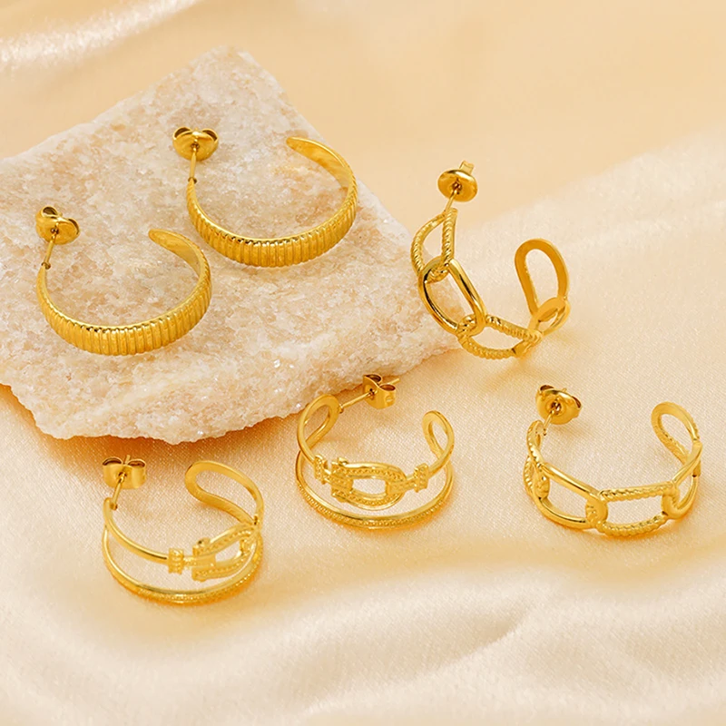 

10Pcs Fashion Classy Stainless Steel Gold Plated Hollow C- shape Stud Earrings for Women Personalized Gifts
