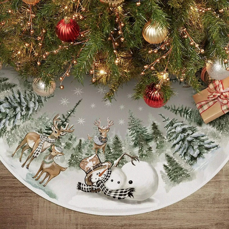 Snowman Reindeer Christmas Tree Skirt Snowflake Xmas Tree Mat 2024 Christmas Decorations For Home Winter Holiday New Year Gifts