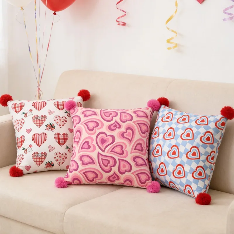Romantic Love Heart Cushion Cover with Pom Poms Love Print Throw Pillow Case for Wedding Decor Couple Anniversary Gift for Sofa