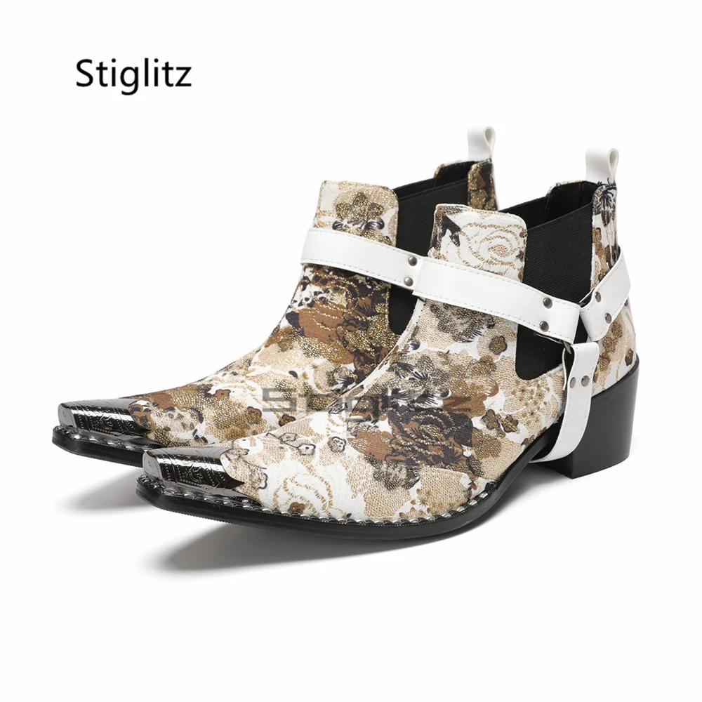 Prints High Heels Chelsea Boots for Men Metal Buckle Pointed Toe Ankle Boots Punk Genuine Leather Stretch Business Runway Shoes