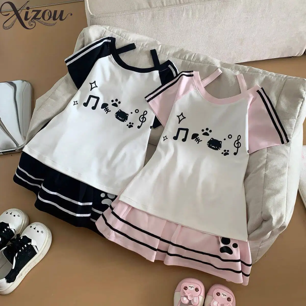 Women Music Note Cat Paw Print Cold Shoulder Raglan Sleeve Top Striped Trim Pleated Skirt Kawaii Sweet Soft Girl Casual Summer
