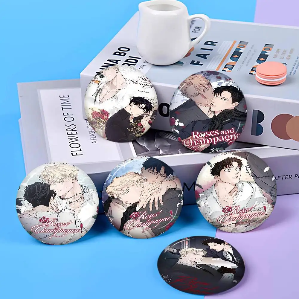 Korean Manhua Roses And Champagne Tinplate Soft Button Pin Brooch Metal Badge Custom Jewelry Accessories Hat Bag Lapel