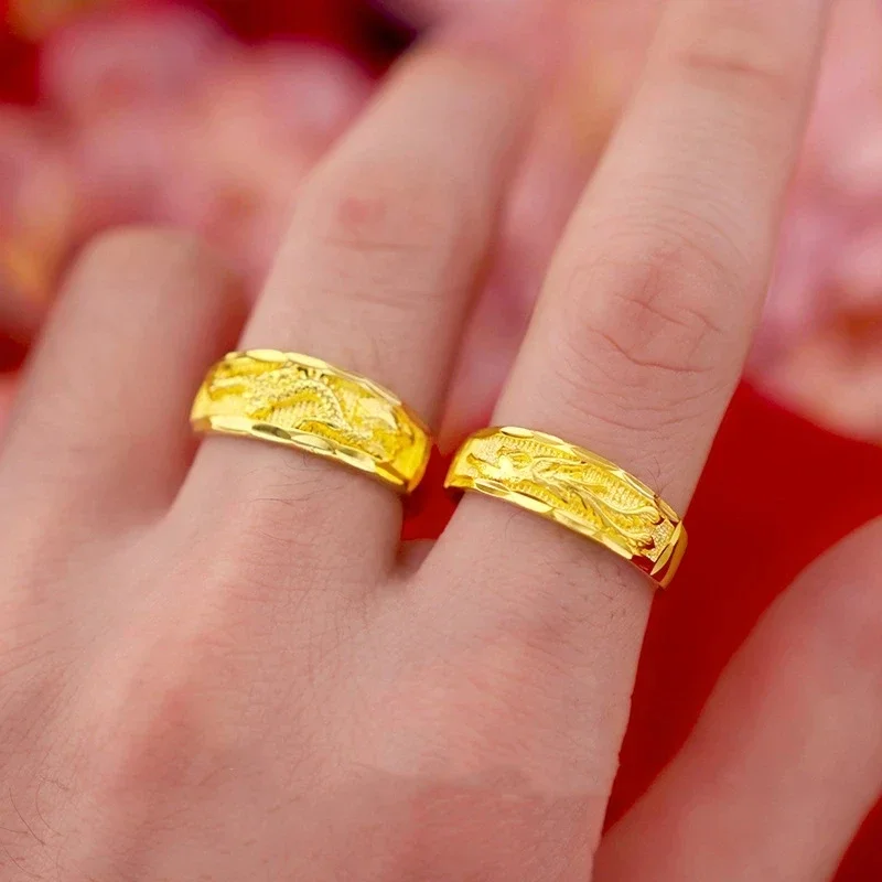 K Gold color Opening Rings for Love Couple Wedding Engagement Dragon Phoenix Pure Gold Ring Match Couple Jewelry Gifts