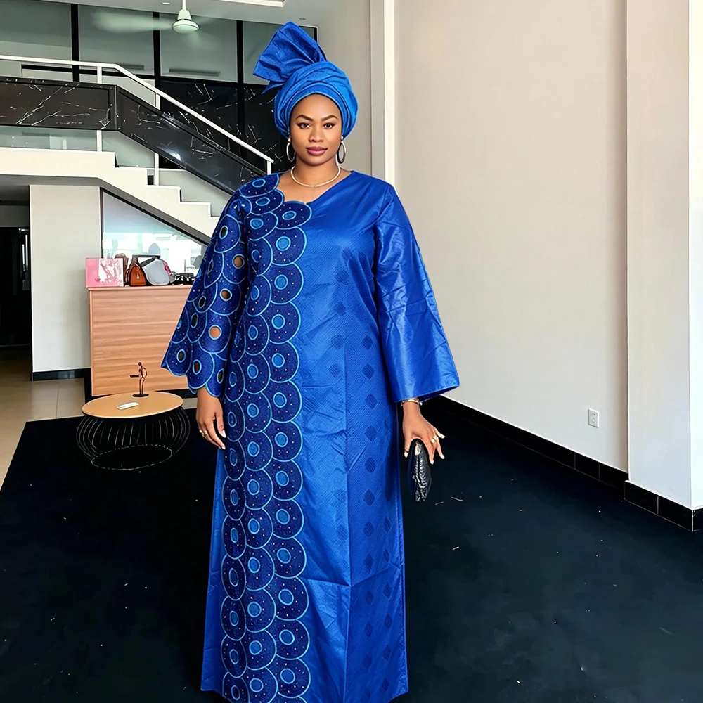 Plus Size African Clothes for Women 2026 New Dashiki Ankara Embroidery Bazin Riche Design Wedding Party Dresses with Headscarf