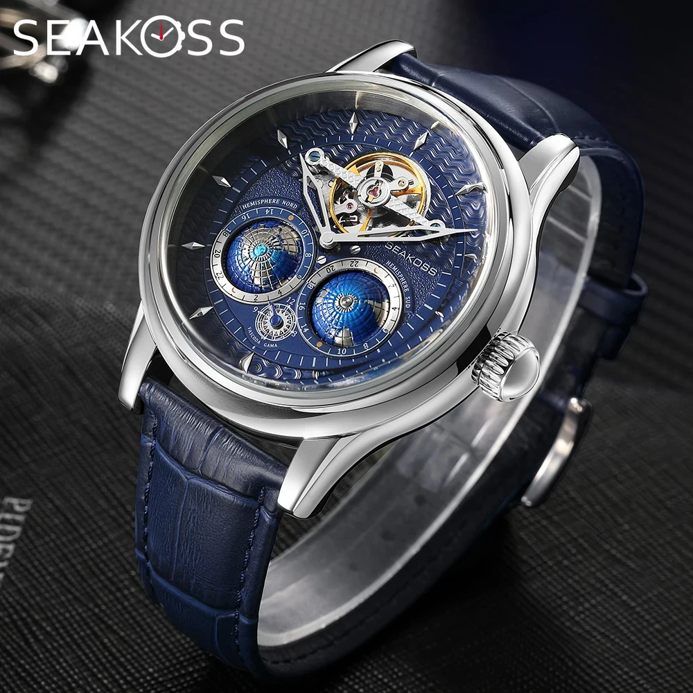 SESKOSS Double Globe Automatische rotierende Herren-Mechanische Uhren Erde Schwungrad Gerät Herren-Militärarmbanduhren 1963 Uhr