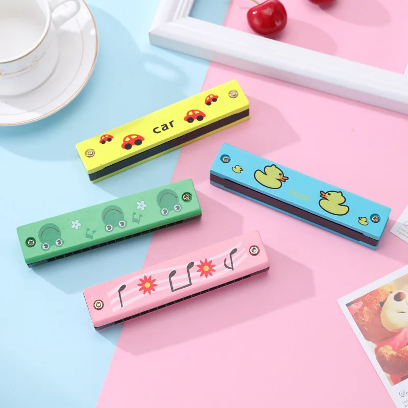 16 Holes Children Harmonica Wooden Double Row Blowable Harmonica Cute Cartoon Pattern Beginner Kids Musical Educational Toys