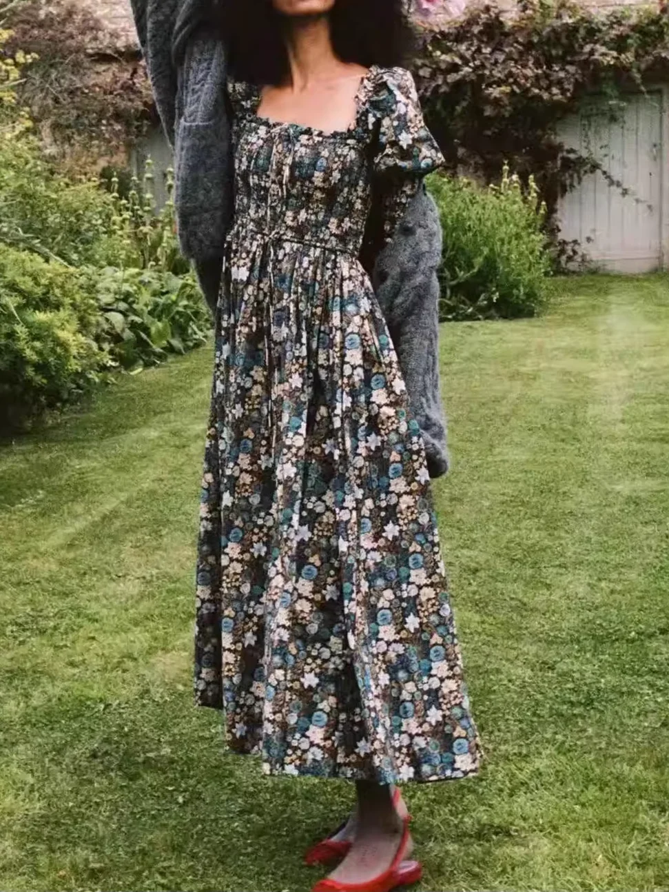 Vestido largo de primavera y verano para mujer, estampado Floral, cuello cuadrado, manga abombada, cintura elástica, bata femenina elegante