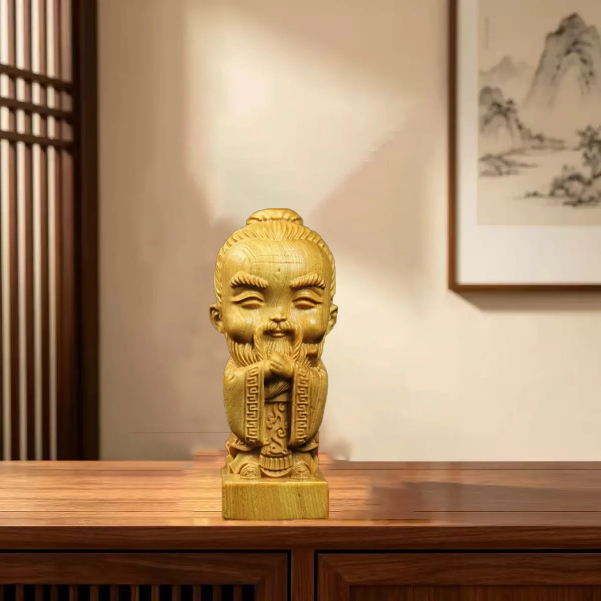 Wooden Confucius Statue, Q-Version Cypress Wood Chinese Sage Figure, Cute Office Desk Decor & Car Dashboard Ornament Gift
