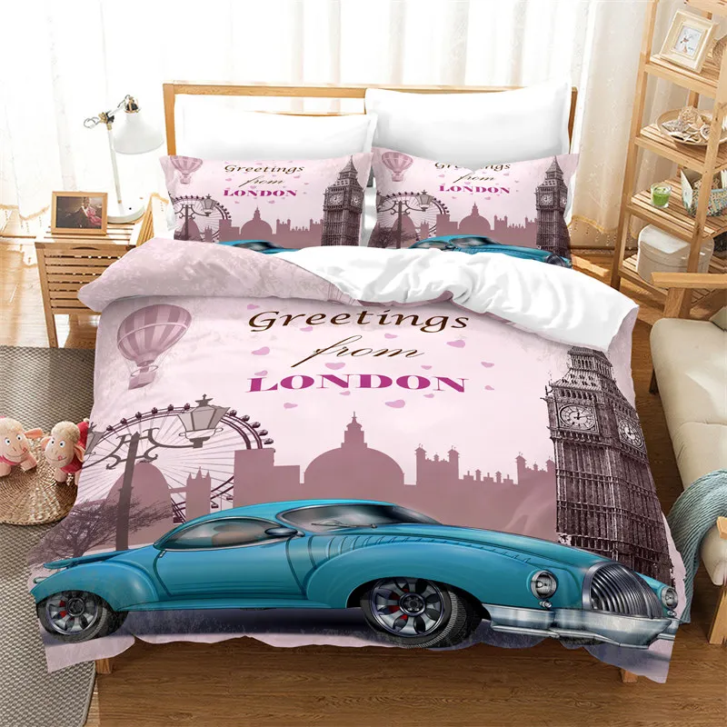 Retro Cars Duvet Cover Set Microfiber Classic Car Bedding Set Europe Architecture France Paris Romantic Eiffel Tower Quilt Cover