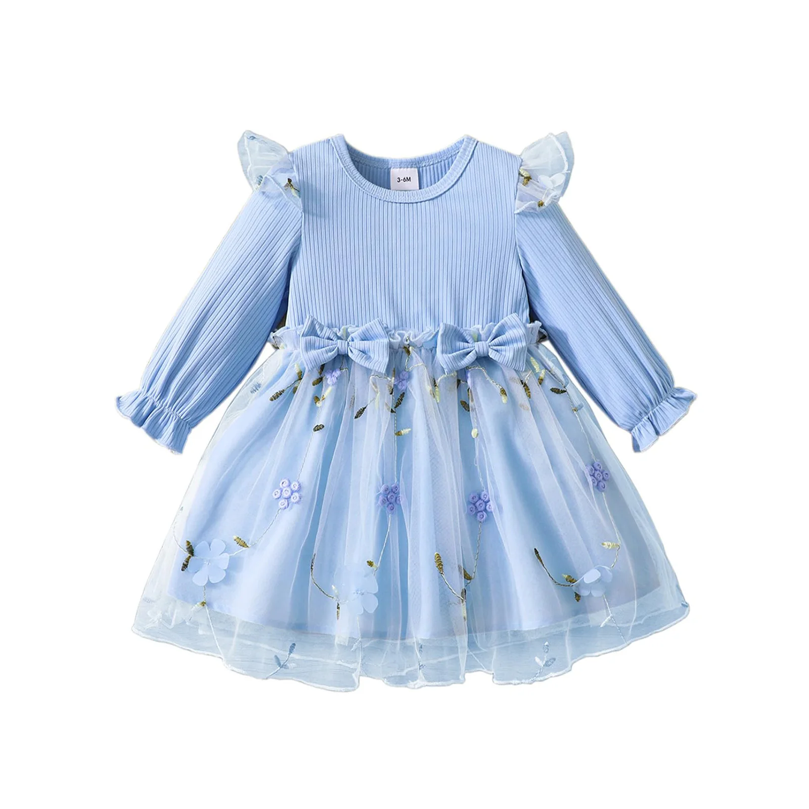 Cute Dress Baby Girls Flower Dress Long Sleeve Three-dimensional Flower Embroidery Bowknots Embellished for Party Photography