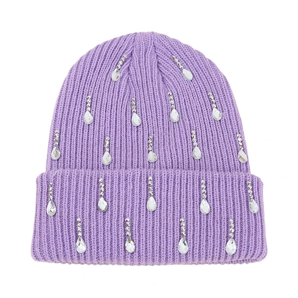 Waterdrop Rhinestone Knit Hat, Bling Stretchy Winter Hat, Comfortable Thick Knitted Beanies Skull Cap for Women Men Cold Weather