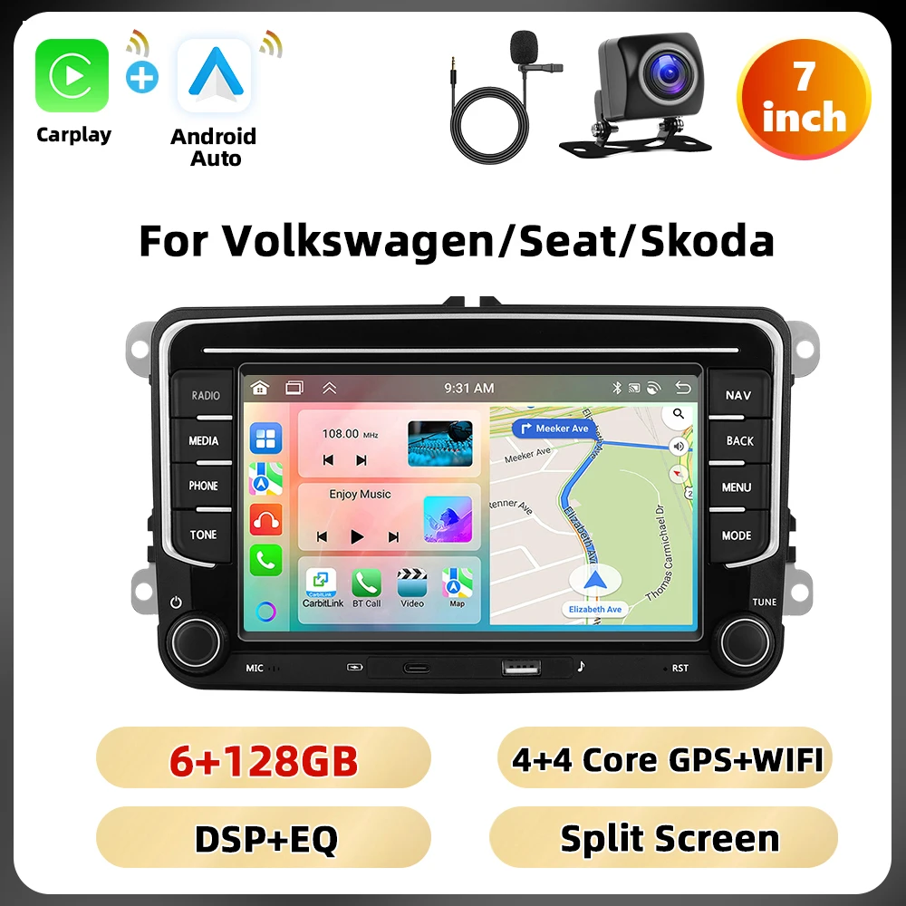 Podofo 6 + 128G 7 ''Autoradio Voor VW/PASSAT/CADDY/POLO/BEETLE Multimedia Speler Carplay Android Auto Type-C WIFI GPS Auto Audio